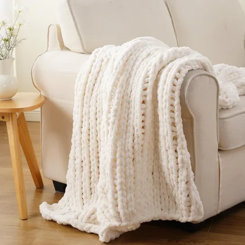 Vista 11 de Battilo - Manta de punto grueso de cachemira beige y crema, manta suave y gruesa de chenilla, manta de crochet de punto trenzado hecha a mano