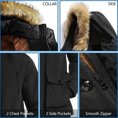 Vista 4 de JYG - Chaqueta de invierno gruesa para hombre, parka acolchada con capucha extraíble de piel sintética Negro
