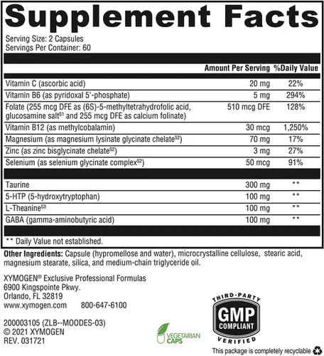 Vista 3 de XYMOGEN Mood Food ES - Apoya la calma, la relajación y un estado de ánimo saludable con folato activo, vitaminas B, 5-HTP, GABA, minerales