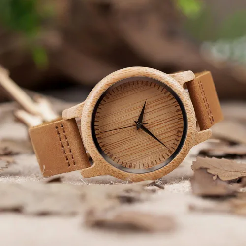 Vista 5 de BOBO BIRD Reloj de madera de bambú para hombre y mujer con correa de cuero de vaca marrón, relojes casuales de cuarzo analógico