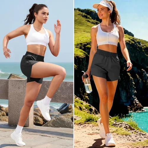 Vista 5 de Pantalones cortos deportivos para correr de 5 pulgadas para mujer, cintura alta, de secado rápido, ligeros, con bolsillo con cremallera, UPF 50+