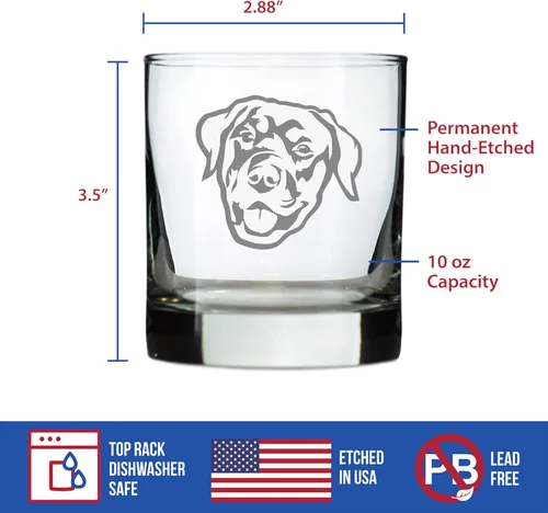 Vista 5 de Custom Happy Rottweiler - Whiskey Rocks Glass - Unique Rottweiler Themed Dog Gifts and Party Decor for Women and Men - 10.25 Oz - Customized Glasses