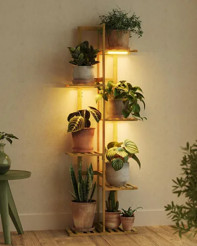 Vista 15 de Bamworld Soporte de bambú para plantas de interior con 6 niveles, estante de plantas de exterior, soporte de esquina para múltiples plantas, soporte