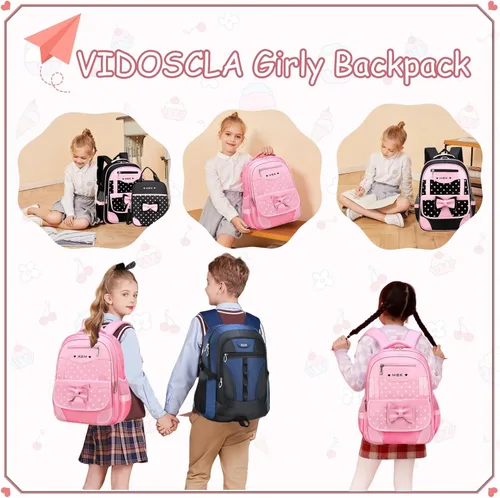 Vista 6 de Juego de 2 mochilas escolares con lazos para niñas y estudiantes, diseño de princesa para escuela primaria, 2pcs Negro-s, 2Pcs BagSet S