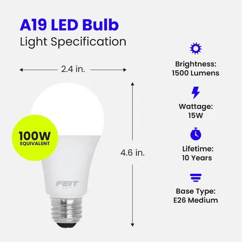 Vista 2 de Feit Electric Bombillas LED A19, equivalente a 100 W, no regulables, 1500 lúmenes, base estándar E26, blanco suave de 2700 K, 80 CRI, vida útil