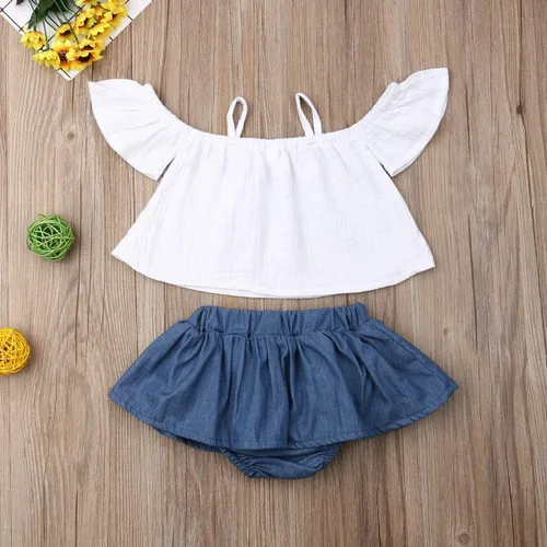 Vista 2 de Conjunto de ropa de verano para bebés y niñas con mangas de algodón y lino y falda vaquera, 2