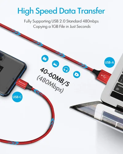 Vista 4 de Baiwwa Cable de carga rápida de 10 pies de USB tipo C (2), cable trenzado de USB-A a USB-C compatible con Samsung Galaxy Note 20, 10, S22, S21, S20