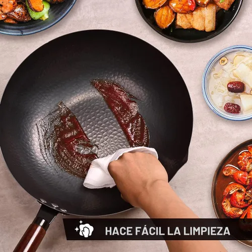 Vista 6 de Leidawn Wok de acero al carbono de 12.8 pulgadas, 11 piezas de wok y sartenes para freír con tapa, wok chino sin revestimiento químico con 10