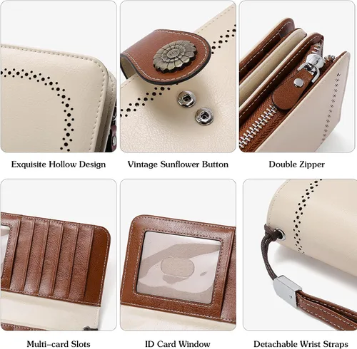 Vista 5 de BOSTANTEN Cartera de cuero genuino para mujer de gran capacidad cartera de mano con bloqueo RFID