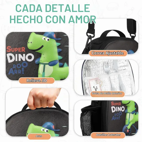 Vista 4 de Lonchera aislada para niños con correa de hombro ajustable impermeable, bolsa de almuerzo reutilizable para niñas y niños, bolsa térmica lavable