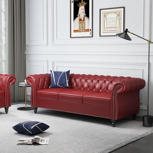 Vista 45 de QHITTY Sofá grande Accent, sofá Chesterfield de 3 plazas moderno de cuero, sofá tapizado con respaldo copetudo para muebles de sala de estar (negro)