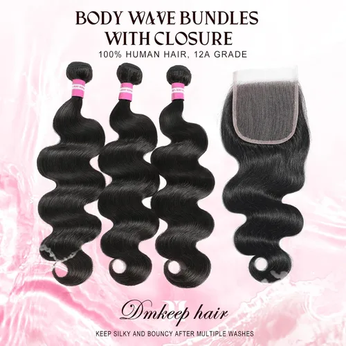 Vista 2 de DMKEEP Extensiones de cabello humano ondulado con cierre, 12, 14, 16+10 pulgadas, 100% cabello virgen brasileño sin procesar, 3 paquetes con cierre