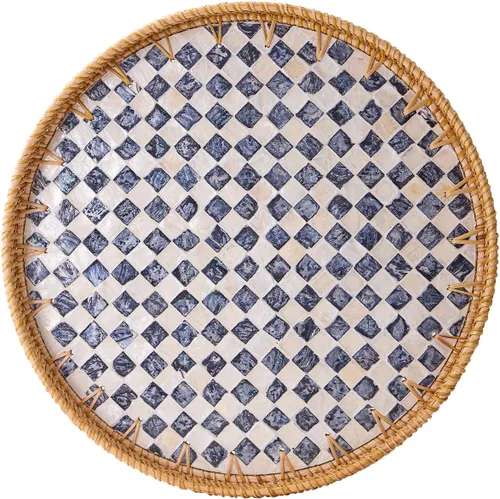 Vista 9 de Kmelep Bandeja redonda de ratán con incrustaciones de madreperla, bandeja de ratán con base de madera, cesta decorativa de mimbre para decoración