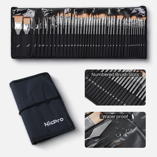 Vista 8 de Nicpro Juego de 40 pinceles de pintura, pinceles profesionales de acrílico con cuchillo de paleta y rollo de lienzo, adecuado para pintura acrílica