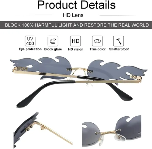 Vista 6 de NIDOVIX Lentes de sol de llama de fuego para mujeres y hombres, retro sin montura para fiesta de Halloween, gafas de sol rojas divertidas