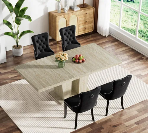 Vista 101 de Juego de mesa de comedor extensible marrón de 63 a 78.74 pulgadas para 4, juego de mesa de comedor de 5 piezas con 4 sillas, mesa de cocina