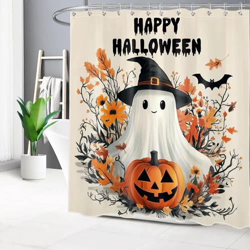 Vista 56 de HVEST Cortina de ducha con ganchos, calabaza espeluznante y fantasma con sombrero de bruja negro, juego de cortina de ducha naranja con flores