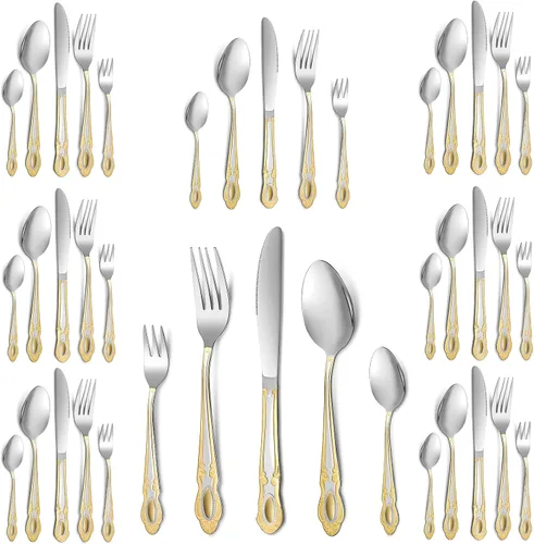 Vista 5 de Coume - Juego de 40 cubiertos dorados y plateados para 8 cucharas, tenedores y cuchillos de acero inoxidable, juego de utensilios dorados