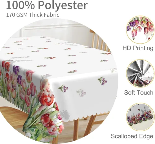 Vista 29 de Mantel rectangular floral de 52 x 70 pulgadas, color blanco y negro, estampado floral, a prueba de derrames y aceite, para cocina, comedor