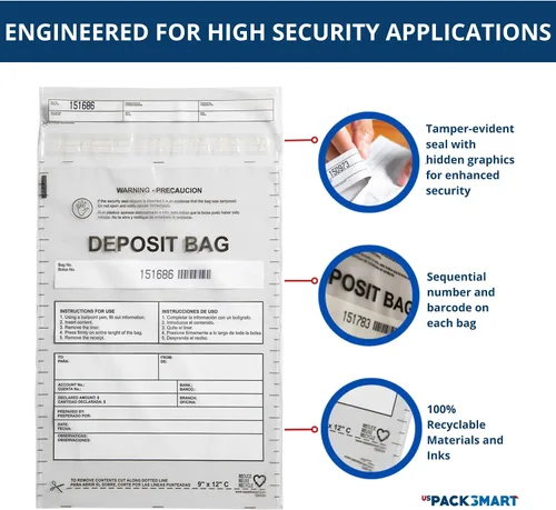 Vista 3 de Bolsas de plástico transparente de 9 x 12 pulgadas Depósitos bancarios seguros, manejo de efectivo o transporte seguro de divisas Códigos