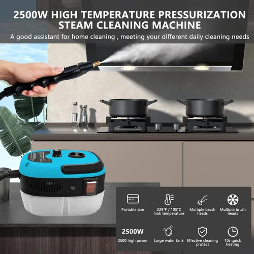 Vista 2 de Limpiador a vapor de mano, limpiador de vapor presurizado de 2500 W con 3 cabezales de cepillo, limpiador de vapor portátil para el hogar, Azul