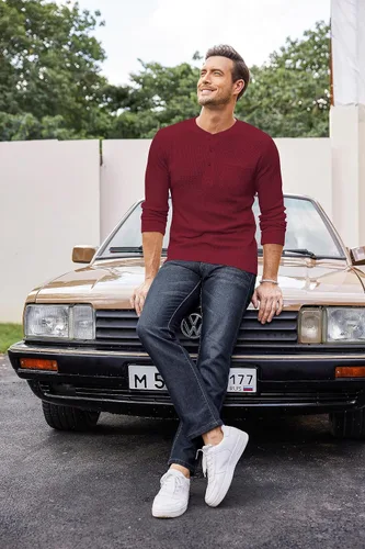 Vista 2 de COOFANDY Camisas Henley de manga larga para hombre con bolsillo
