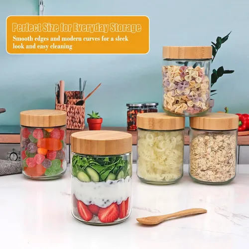 Vista 7 de Tarros de vidrio de 16 onzas con tapas, recipientes de avena nocturna con tapas de bambú, frascos Mason de vidrio de boca ancha, recipientes