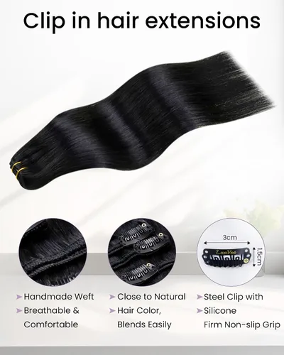 Vista 3 de LaaVoo Extensiones de cabello humano real con pinzas, extensiones de cabello humano negro azabache, extensiones de cabello liso y suave, 12
