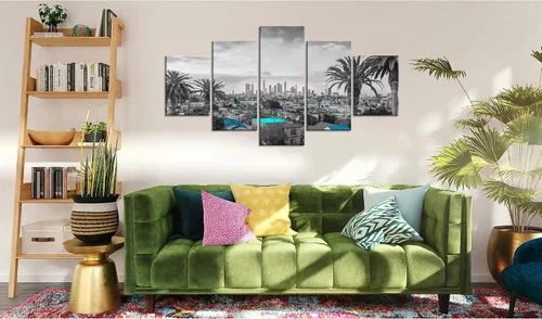 Vista 4 de Cawpom Arte de pared de Los Ángeles en blanco y negro, cuadro decorativo para pared, diseño de horizonte de Los Ángeles, póster de palmera, marco