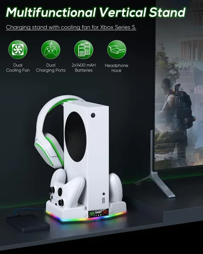 Vista 7 de Soporte de refrigeración y estación de carga para Xbox Series S con tira de luz RGB, cargador dual de controladores y ventilador enfriador