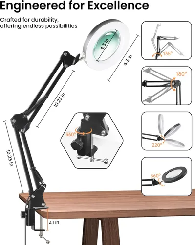Vista 3 de UBeesize Lupa 10X con luz y soporte, lupa iluminada para trabajo cercano, lectura, manualidades, joyería, costura, soldadura, lámpara de escritorio
