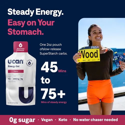 Vista 3 de UCAN Gel energético + electrolitos Cereza Sin azúcar Paquete de 12