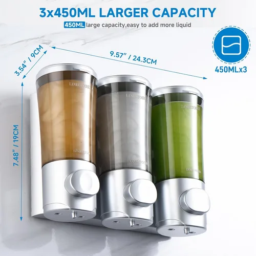 Vista 3 de Dispensador de Champú y Acondicionador, Dispensador de Ducha de 3 Cámaras sin Taladro, Dispensador de Champú para Ducha Montado en la Pared