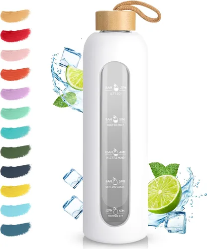 Vista 8 de Sursip Botella de agua de vidrio de 32 onzas, marcador de tiempo con funda y tapa de silicona Botella motivacional de 1 litro sin BPA, a prueba