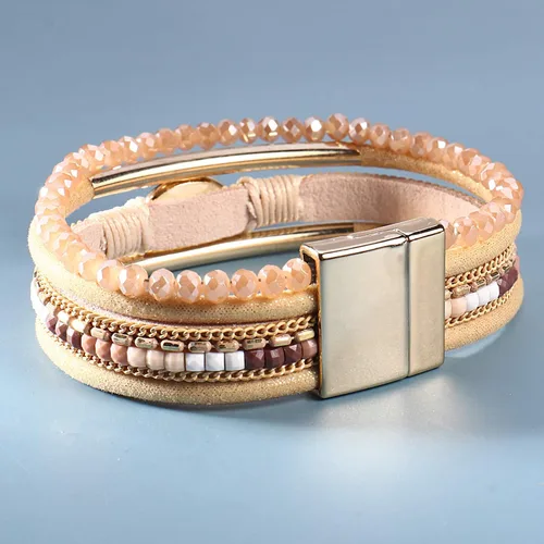 Vista 5 de FANCY SHINY- Pulseras de cuero de la envoltura de cuentas de cristal de la pulsera Boho Cuff piedra, dije, pulseras con cierre magnético de joyería