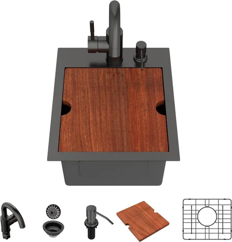 Vista 14 de Lordear - Fregadero de barra – Fregadero de barra dorado de 13 x 15 pulgadas con grifo dispensador de jabón, estación de trabajo, calibre 16 T304