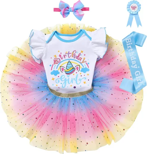 Vista 3 de IDOPIP Conjunto de 5 piezas de ropa para bebé con diseño de arco iris para 1er 2 3 cumpleaños para niña