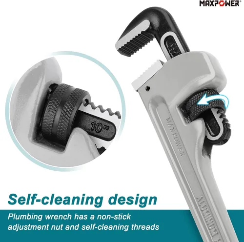 Vista 5 de MAXPOWER Llave de tubo de 10 pulgadas, llave de plomería ajustable de aluminio 40% más ligera