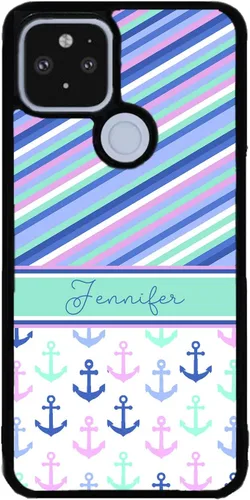 Vista 5 de Nautical Anchors Pin Stripes - Funda de goma negra personalizada para teléfono compatible con Google Pixel 10, 10 Pro, 10 Pro XL, 9a, 9 Pro, Pixel