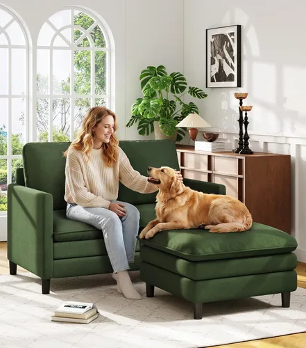 Vista 46 de Welzona Loveseat, 51" Small L Shaped Couch, Comfy Teddy Love Seat with Ottoman Set, Tool-Free Setup Loveseat Sofa with Ottoman, All-Wood Small Sofa