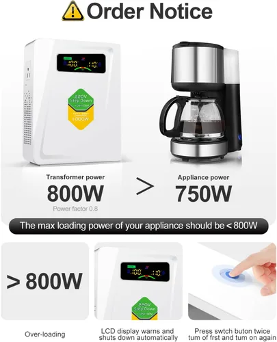 Vista 5 de Transformador de 220 V a 110 V de 1000 W, convertidor de voltaje de energía sin ruido, con diez funciones de protección, adecuado para máquinas