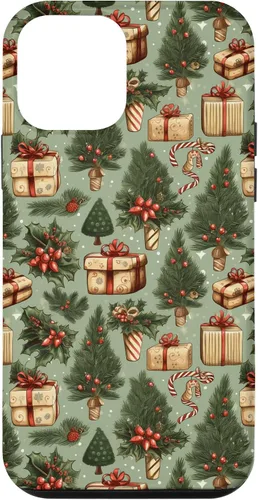 Vista 16 de Vintage Christmas Theme Holiday Trees, Presents, Teal, Bows Case for iPhone 17