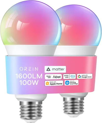 Vista 10 de OREiN Matter Bombilla Inteligente, 1100 Lúmenes Equivalente a 75W Bombillas Inteligentes, Bombillas de Luz que Cambian de Color Funcionan con Apple