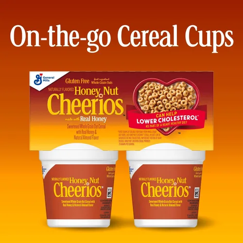 Vista 5 de Copas de cereales para desayuno Honey Nut Cheerios, cereal sin gluten, porciones individuales, 4 paquetes de 7.2 onzas