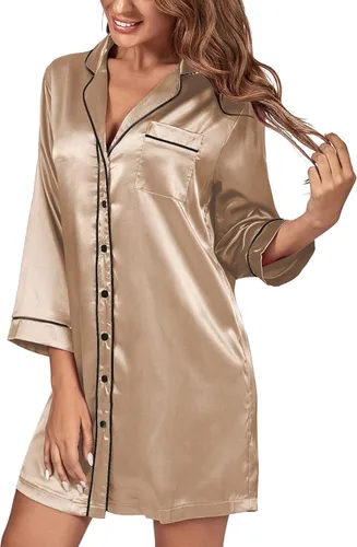 Vista 4 de Umenlele Camisón de satén con botones para mujer, camisa de dormir de manga larga, camisón de novio