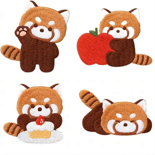 Vista 9 de Parche bordado de panda rojo de dibujos animados, autoadhesivas, parches de mapache pequeño, calcomanías de tela para coser sin costura para ropa