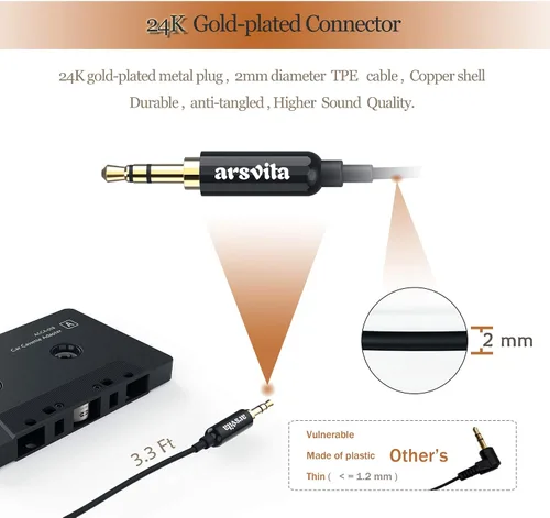 Vista 3 de Arsvita - Adaptador de audio de cassette a auxiliar para automóvil, con cable de audio auxiliar de 0.14 pulgadas
