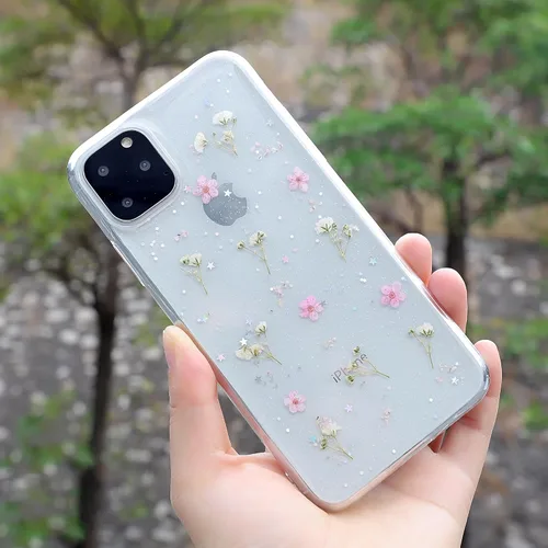 Vista 6 de Compatible con iPhone 15 Pro Max Flower Case, funda de goma suave y flexible prensada seca con flores reales para niñas, funda transparente