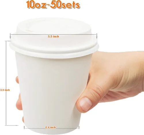 Vista 3 de Golden Apple, Tazas de café desechables de papel blanco de 10 oz. Tazas y tapas Cantidad 50 tazas por paquete. Perfecto para bebidas calientes