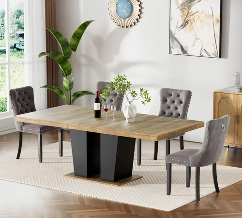 Vista 28 de Juego de mesa de comedor extensible de 63 a 79 pulgadas para 4, moderna mesa de cocina expandible con 4 sillas de terciopelo, mesa de madera gruesa